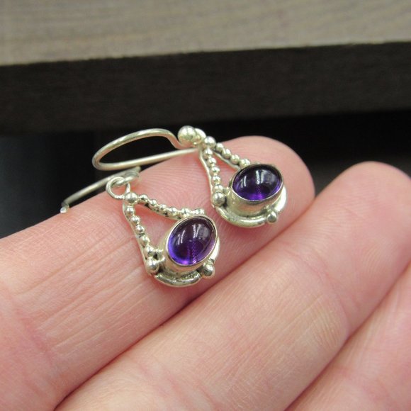 Sterling Silver Oval Uncut Amethyst Fancy Earrings Vintage - Picture 2 of 6